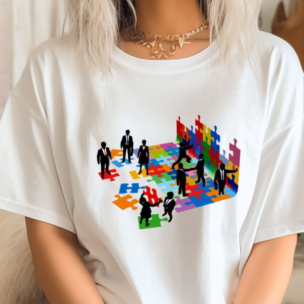Abstract Jigsaw Puzzle T-Shirt, Colorful Puzzle Pieces Tee, Modern Art Style Shirt, Unique Graphic Tee, Unisex Casual Top