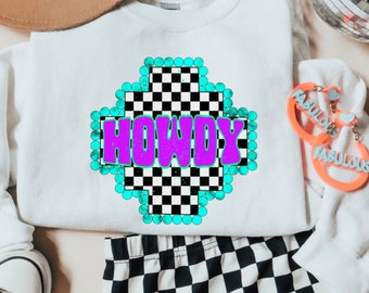 Howdy Neon Checker Aztec DTF Transfer, Ready to Press