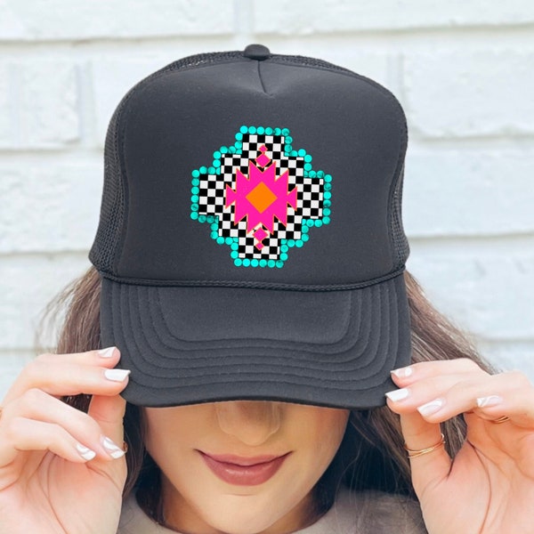 Aztec Checker Neon Hat DTF Transfer, Ready to Press DTF Transfers - Direct to Film Transfers - DTF Print - Western