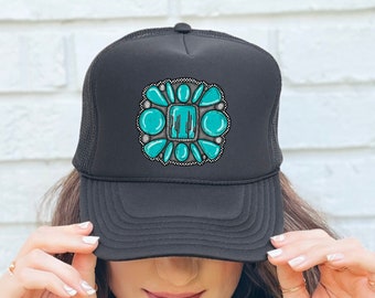 Turquoise Stone Checker Cactus Trucker Hat