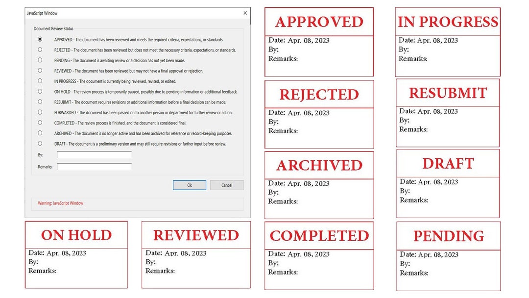 collection of adobe acrobat stamps showing approved rejected draft and custom feedback options