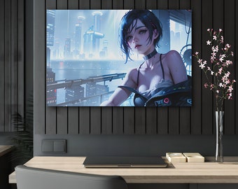 Descarga digital de chica cyberpunk, cartel cyberpunk, arte de lienzo, descarga digital, fondo de pantalla cyberpunk, fondo de teléfono cyberpunk