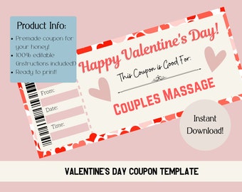 Valentine's Day Couples Massage Coupon. Printable Coupon. Valentine's Day Voucher. Valentine's Day Digital Download.