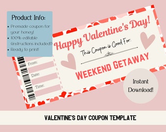Valentine's Day Weekend Getaway Coupon. Printable Coupon. Valentine's Day Voucher. Valentine's Day Digital Download.