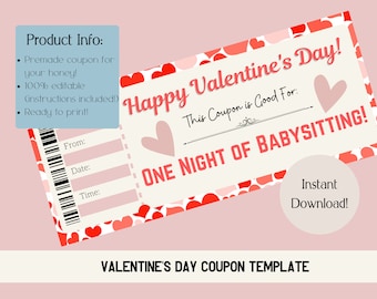 Valentine's Day Babysitting Coupon. Printable Coupon. Valentine's Day Voucher. Valentine's Day Digital Download.