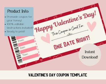Valentine's Day Date Night Coupon. Printable Coupon. Valentine's Day Voucher. Valentine's Day Digital Download.