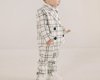 Suit for Boys - Boy's Plaid Jacket - Ivory Plaid Suit for Boys - Toddler's Wedding Suit - Infant Set (Jacket, Pants, Bow tie)
