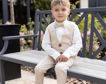 Boy’s Beige Vest Pants and a Bow Tie Set - Toddlers Wedding Outfit - Cotton Beige Suit for Boys - Ring Bearer Suit - Baptism Suit