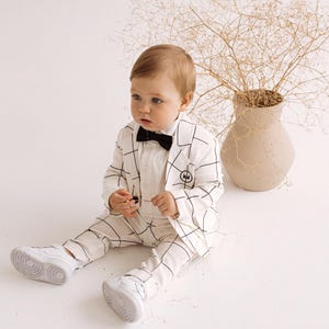 Ivory Plaid Boys Cotton Wedding Outfit - First Birthday Baby Boy Suit - Ring Bearer Suit - First Communion Suit - Gift for Baby Boy
