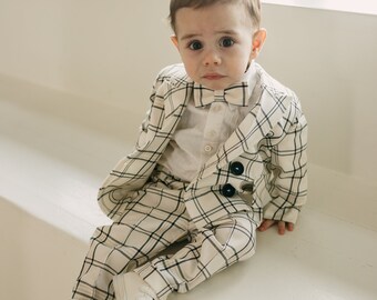 Ivory Plaid Boys Cotton Wedding Outfit, Ring Bearer or Baptism Suit, Toddler Page Boy Attire (double breasted jacket, pants, bow tie)