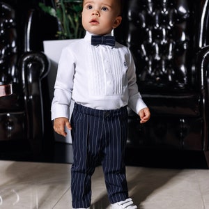 Bodysuit Blue Pants Bow Tie Set - Wedding Infant Suit - Baby Boy Gift - Christening Set for Baby Boy - White Bodysuit - Ring Bearer Outfit