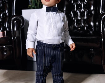 Suit for Boys - Set of Bodysuit Blue Pants and Bow Tie - Wedding Infant Suit