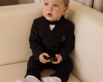Boys Classic Suit Slim Fit Set - Toddler Suit for Weddings - Jacket Pants Bow Tie Set for Toddlers - Ring Bearer Suit - Baptism Suit for Boy