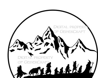 Ring fellowship silhouette image. Middle Earth Tolkien themed image of fellowship party with mountain backdrop. Digital download svg png jpg
