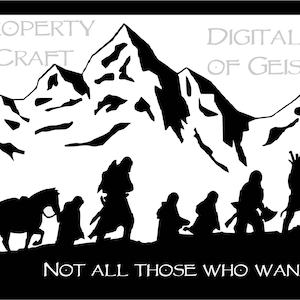 Ring Gemeinschaft Silhouettenbild. Mittelerde Tolkiens thematisches Bild der Kameradschaftsparty mit Bergkulisse. Digitaler Download svg png jpg