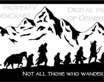 Ring fellowship silhouette image. Middle Earth Tolkien themed image of fellowship party with mountain backdrop. Digital download svg png jpg