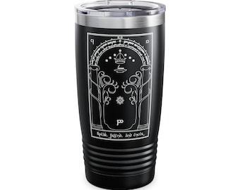 Lord of the Rings Ringneck Tumbler, 20oz with Durin's Gate Design, Tolkien Fan Gift, Speak Friend and Enter, Black and White Mug, LOTR