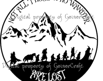 Ring fellowship silhouette image. Middle Earth Tolkien themed image of fellowship party with mountain backdrop. Digital download png jpg svg