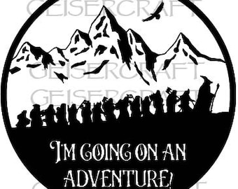 Bilbo, dwarves, wizard Hobbit going on adventure. Middle Earth Tolkien image of Baggins & company with mountain in back. Digital svg png jpg