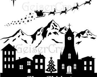 Christmas silhouette image. Santa sleigh flying over village with mountain backdrop. Happy holidays. Digital download svg png jpg