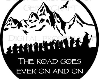 Bilbo and dwarves, Hobbit adventure. Middle Earth Tolkien themed image of Baggins and company with mountain backdrop. Digital svg png jpg