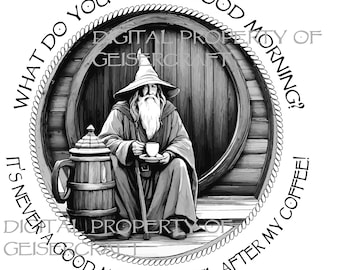 Image of Gandalf drinking coffee. SVG, PNG, JPG digital file. Middle Earth, Hobbit, wizard art, coffee lover.