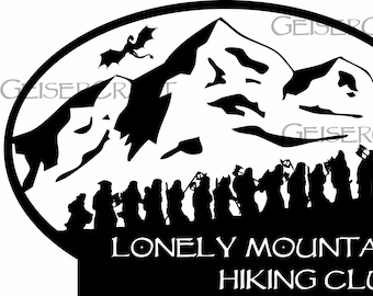 Bilbo, dwarves, Hobbit hiking lonely mountain. Middle Earth Tolkien image of Baggins & company hiking club. Digital svg png jpg