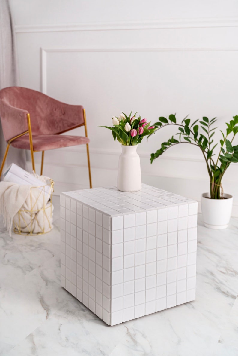 White tiled coffee table, multipurpose side table, white minimal modern design, ceramic tiles, birthday present image 1