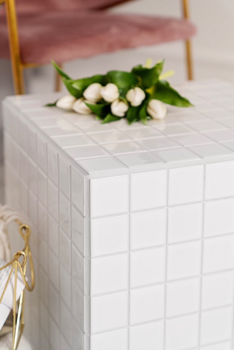 White tiled coffee table, multipurpose side table, white minimal modern design, ceramic tiles, birthday present image 3