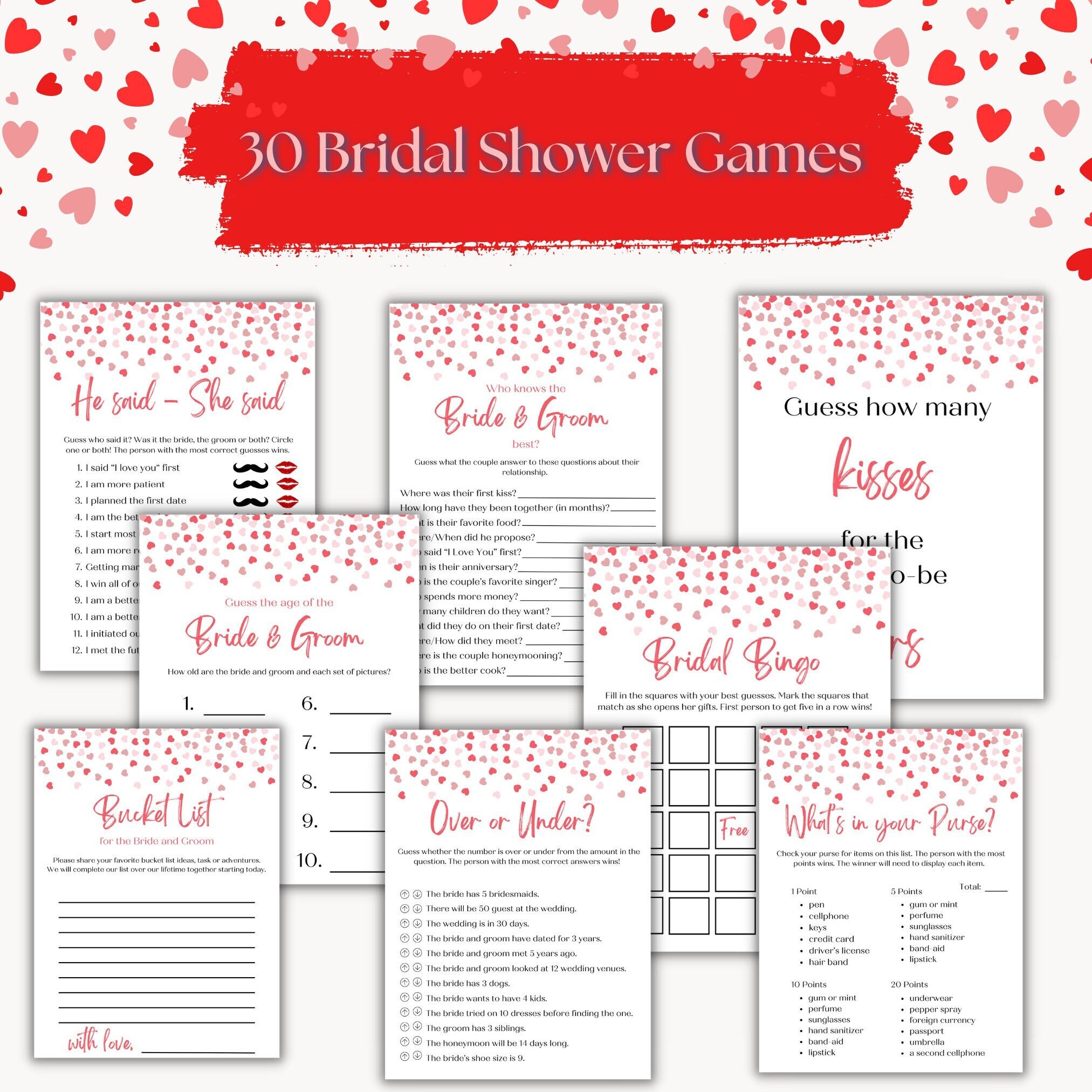 Hearts Bridal Shower Games, Printable Bridal Shower Games, Raining