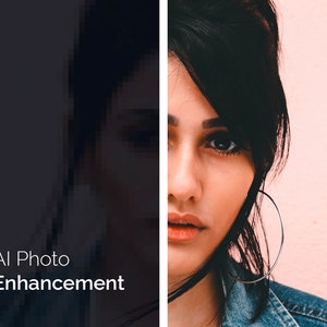 May include: A close-up of a woman's face with dark hair and a hoop earring. Her face is partially obscured by her hair, and she is looking directly at the camera. The background is a light pink.