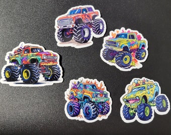 5 Monster Truck Magic: Roaring Fun Sticker Set - Add Excitement to Your Gear! Laminated, Vinyl, and Die Cut