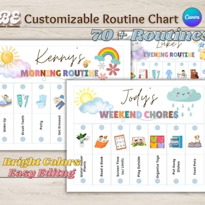 Rotafolio de rutinas editable para niños / Horario visual / Tarjetas de rutina diaria / Gráfico de mañana y hora de dormir / Plantilla de Canva