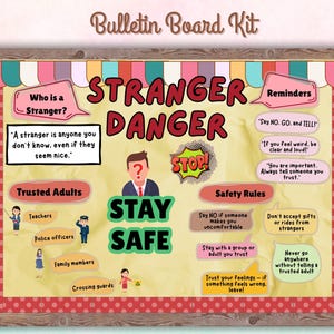 Prikbordkit Stranger Danger | Veiligheidsregels | Vertrouwde volwassenen | Vraag- en antwoordkaarten | Prikborddecoratie voor school