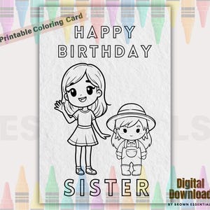 Printable Coloring Birthday Card For Kids, Cake Birthday Card For Sister, Cute Sister Birthday Card, DIY Birthday Card, Sisterhood