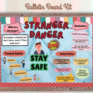Prikbordkit Stranger Danger | Veiligheidsregels | Vertrouwde volwassenen | Vraag- en antwoordkaarten | Prikborddecoratie voor school