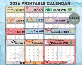 May include: A colorful 2026 printable calendar with each month displayed. Each month has a unique theme and decorative elements. The calendar includes the text "2026 Printable Calendar" at the top and the Canva template logo on the right.