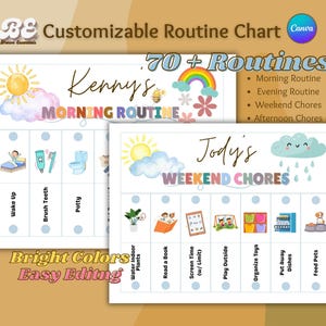 May include: Two printable routine charts for kids. The first chart is a morning routine for Kenny with illustrations of waking up, brushing teeth, and using the potty. The second chart is for Jody's weekend chores with illustrations of reading a book, screen time, playing outside, organizing toys, putting away dishes, and feeding pets.