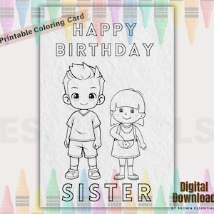 Printable Coloring Birthday Card For Kids, Cake Birthday Card For Sister, Cute Sister Birthday Card, DIY Birthday Card, Brother & Sister