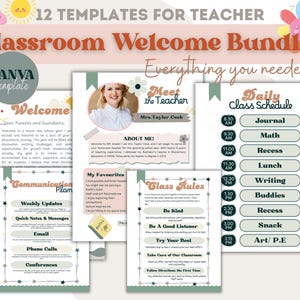 Könnte beinhalten: Ein Classroom Welcome Bundle mit 12 Canva-Vorlagen. Die Vorlagen umfassen einen Willkommensbrief, eine Seite "Lehrer kennenlernen", einen täglichen Stundenplan, einen Kommunikationsplan und Klassenregeln. Das Design zeigt Pastellfarben und dekorative Elemente.