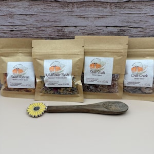 May include: Four brown paper pouches labeled Hermit's Pantry with the varieties Sweet Retreat, Wildflower Fields, Spud Studs, and Crab Crack, accompanied by a wooden spoon featuring a yellow and black sunflower-shaped handle decoration.