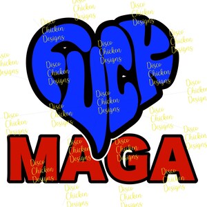 May include: A graphic design featuring the word "GUY" in blue, stylized within a heart shape, above the word "MAGA" in red. The design includes the text "Disco Chicken Designs" in yellow.