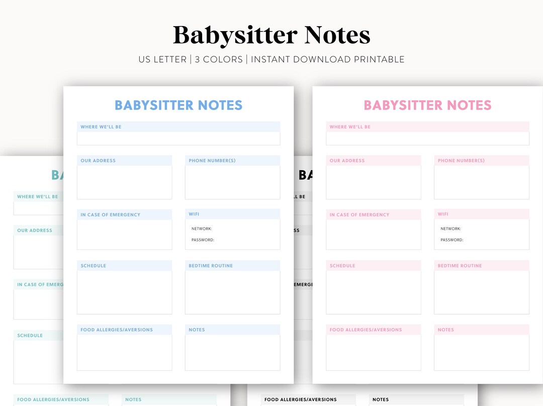 Babysitter Notes Printable Instant Download, Babysitter Digital ...