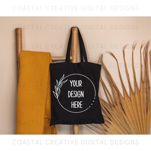 Black Canvas Tote Bag Mockup, Boho Styled Tote Bag Mock, Blank Tote Bag Custom Digital Download JPG, Teacher Shopper Bridal Tote Bag