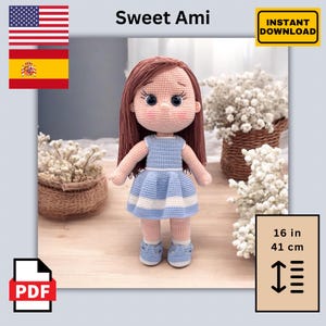 Crochet Doll Pattern PDF – Amigurumi Girl Tutorial in English & Spanish – DIY Soft Stuffed Doll – Intermediate Crochet Pattern