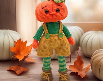 Crochet Pumpkin Boy Doll – Amigurumi Halloween Plush – Handmade Kawaii Toy – Fall Decor – Cute Autumn Decoration – Gift for Kids & Adults