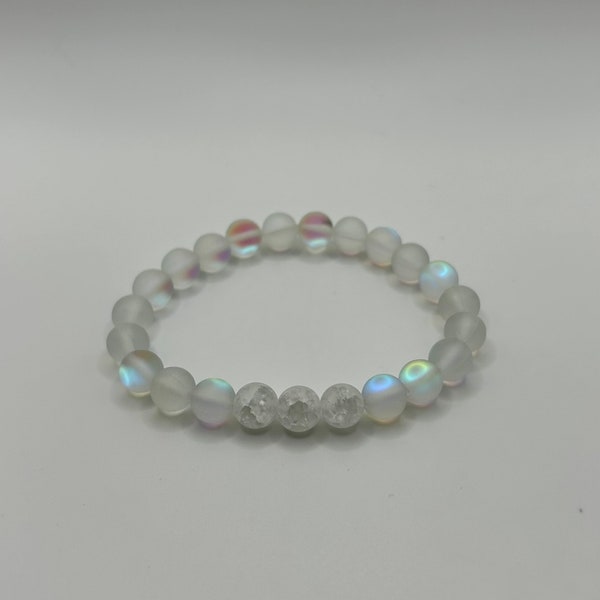 Clear Quartz and Frosted Glass Bracelet, Crystal bracelet, 6mm Bead Bracelet, Custom Bracelets.