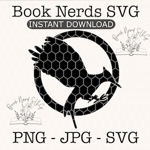 May include: Black and white SVG design with the text "Book Nerds SVG" and "Instant Download". The design features a stylized bird within a circle, filled with a honeycomb pattern. Additional text includes "PNG - JPG - SVG".