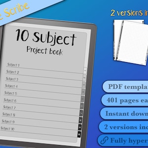 May include: A digital image of a Kindle Scribe e-reader displaying a 10 Subject Project Book. The book has 401 pages and is available for instant download. The image also shows a PDF template with two versions included, both fully hyperlinked.