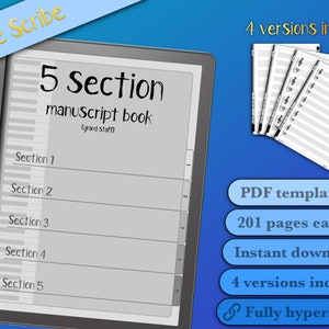 May include: A black and white image of a Kindle Scribe e-reader displaying a 5-section manuscript book template. The text on the screen reads "5 Section manuscript book (grand staff)" and lists sections 1 through 5. The image also includes text that reads "4 versions included", "PDF template", "201 pages each", "Instant download", "4 versions included", and "Fully hyperlinked".